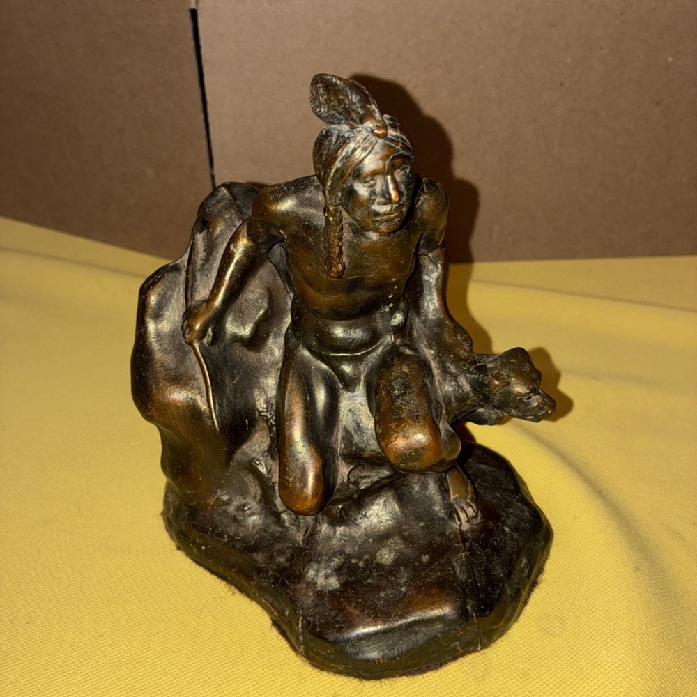 Vintage Bronze Native American Indian Hunting with Dog Book Bookend